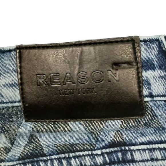 Reason Hip Hop Jeans Mens Sz. 36 Acid Wash Distressed Graphic Patches Zi… - Picture 6 of 9